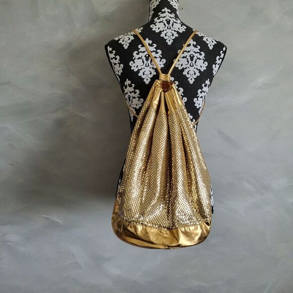 Vintage Gold Shimmer Mesh Sling Back Pack Drawstring Zip Back - Picture 1 of 14